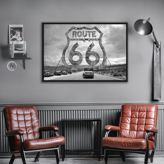 ROUTE 66 - THE GATE  schwarz Weiß  - Gerahmte Leinwand